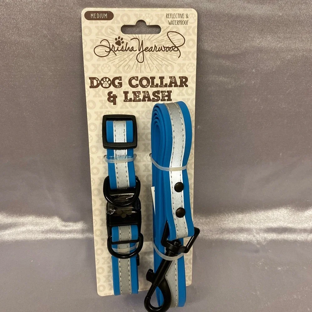 Trisha PET PVC Blue Waterproof REFLECTIVE Sz M DOG LEASH And COLLAR COMBO New